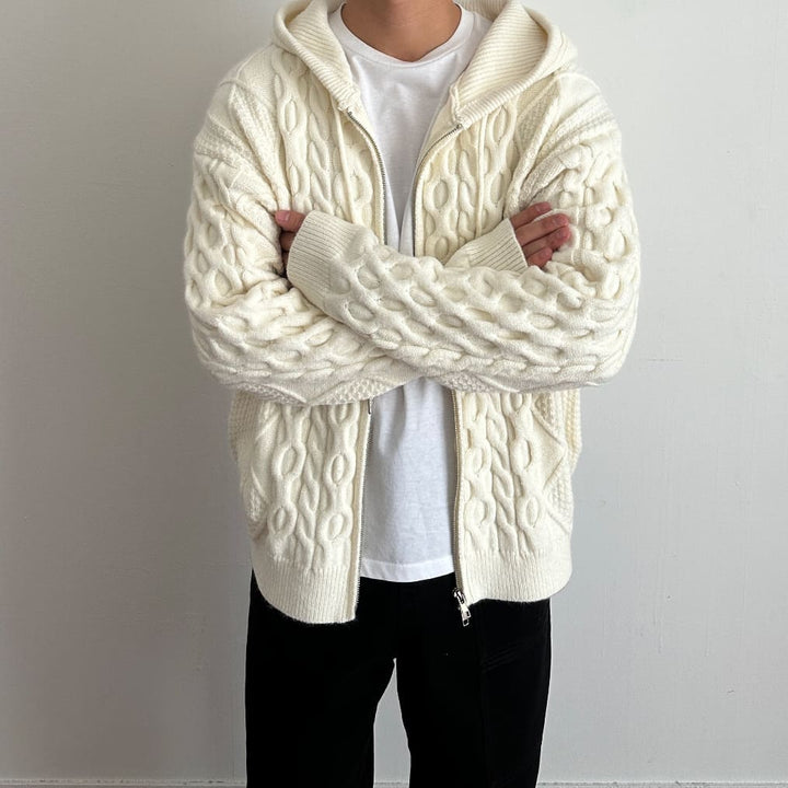 Cable Knit Hooded Zip-Up